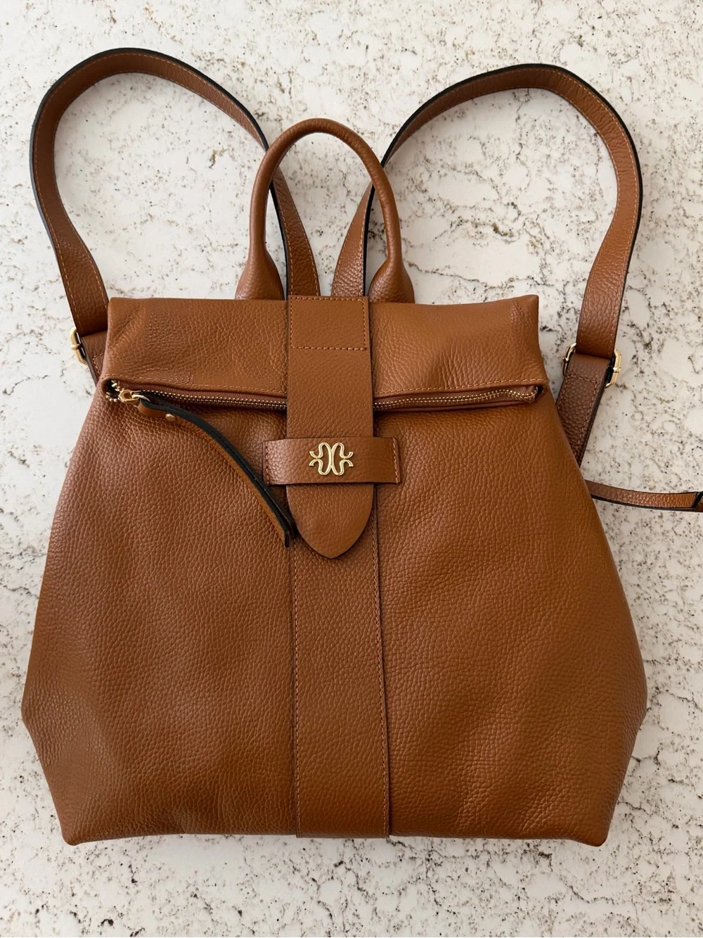 Stauer Pebbled Brown Leather Backpack with Gold Hardware